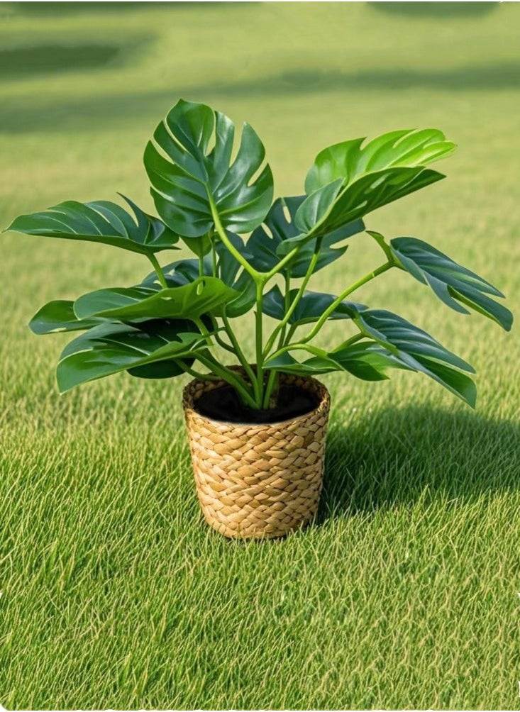 Kutis 1-Piece Simulation Potted Decorative Artificial Bonsai Plant Green Leaf Home Bedroom Living Room Desktop Decoration With Woven Basket 32 cm  - Image 2