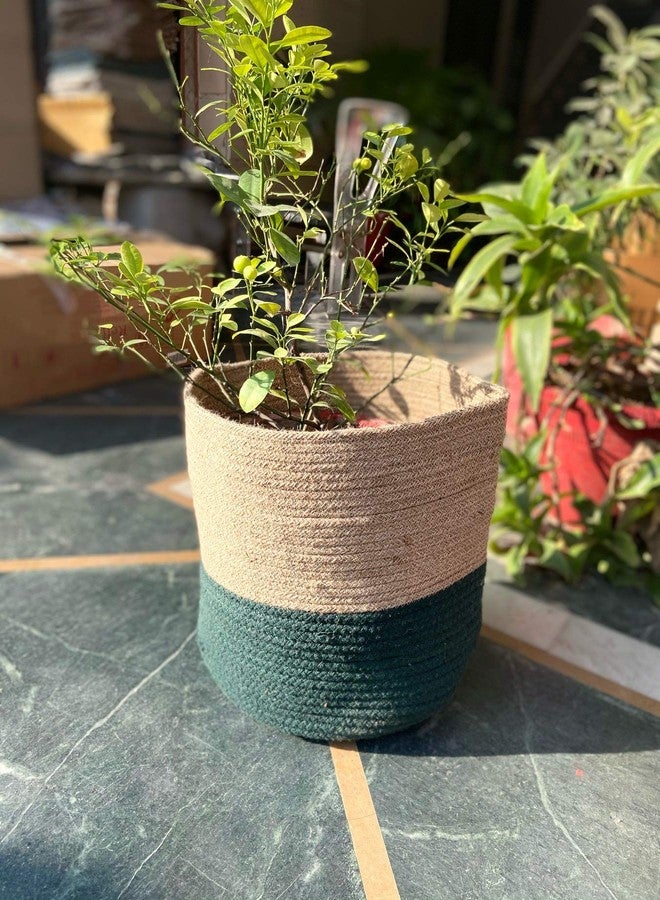 pepme Home Jute, Cotton Basket, Planter Basket for Home, Multi-Purpose Storage Bag for Bathroom, Living Room, Laundry & Toys (Green, 10 Inches, Pack of 1) - Image 1