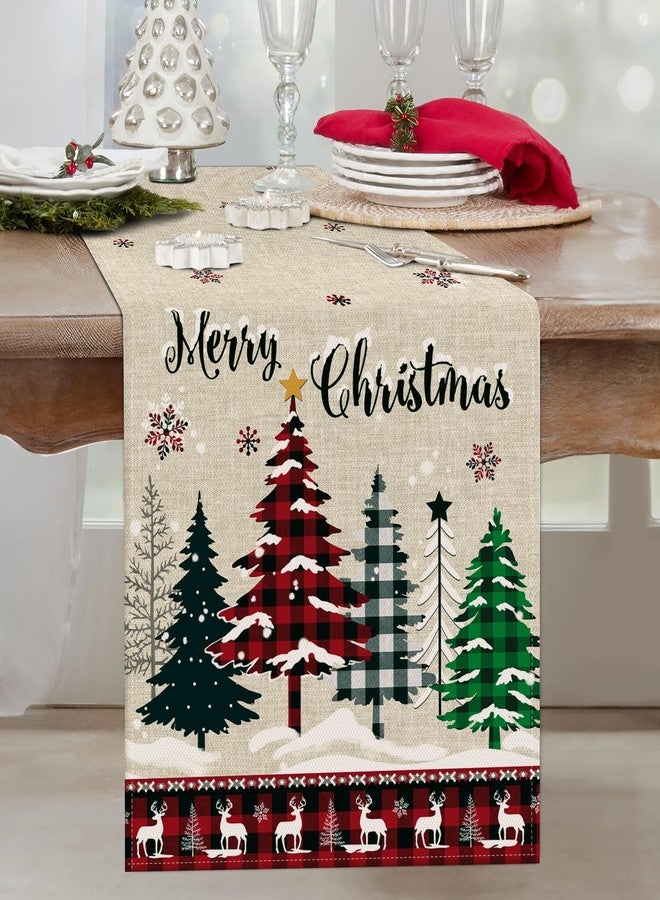 Bonhause Buffalo Plaid Merry Christmas Trees Table Runner 13x72 Inch Snowflake Deer Seasonal Winter Holiday Kitchen Dining Table Decoration for Indoor Outdoor Home Party Decor - Image 1