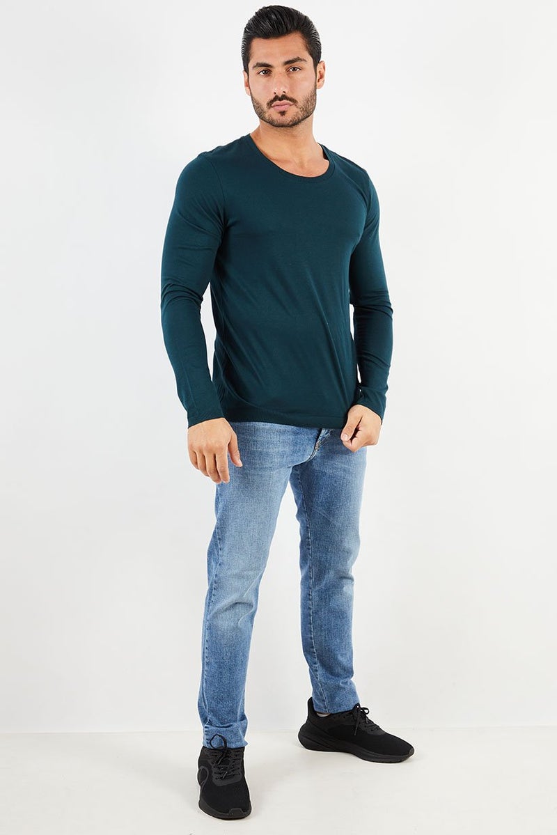 IKKS Men Round Neck Long Sleeve Plain Sweatshirt, Petrol - Image 3