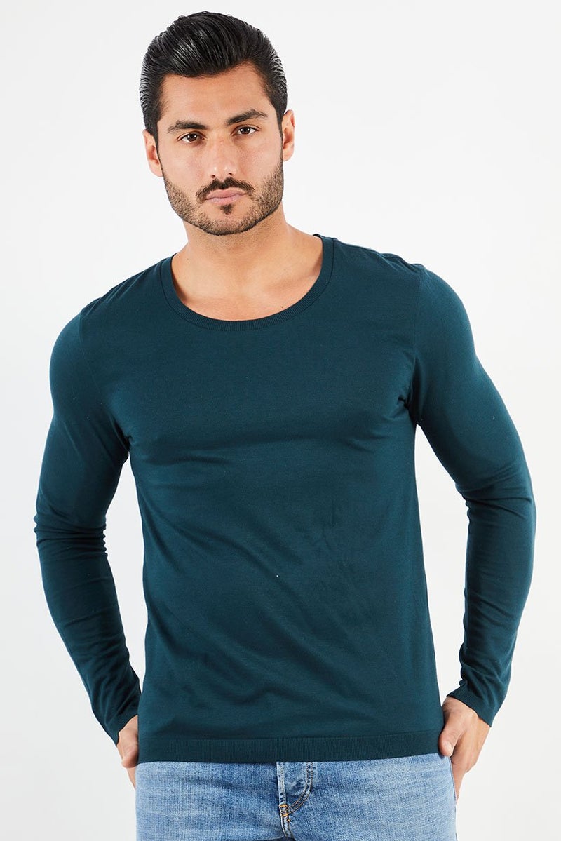 IKKS Men Round Neck Long Sleeve Plain Sweatshirt, Petrol - Image 1