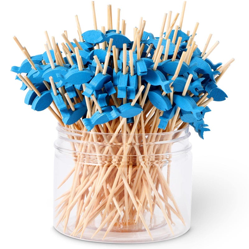 200 Pcs Cocktail Picks Long Cocktail Toothpicks Bamboo Toothpicks for Appetizers Fruits Food Skewers Sticks for Drinks Dessert Wedding Birthday PartyFish Style