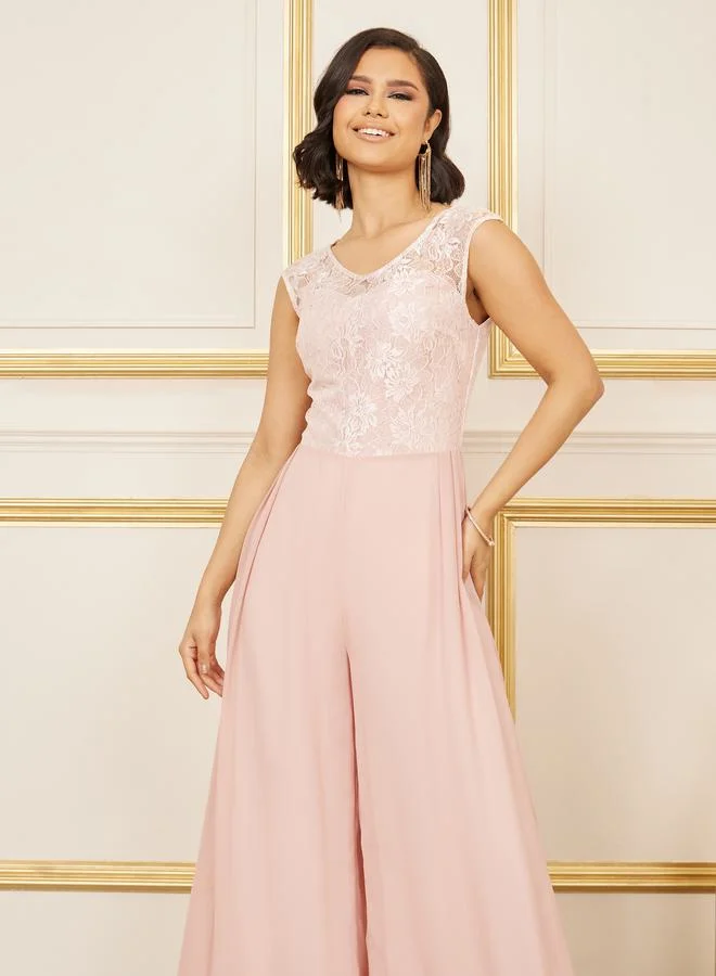 ستايلي Lace Detail Mesh Insert Wide Leg Jumpsuit
