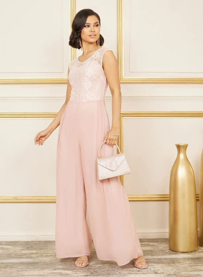 ستايلي Lace Detail Mesh Insert Wide Leg Jumpsuit