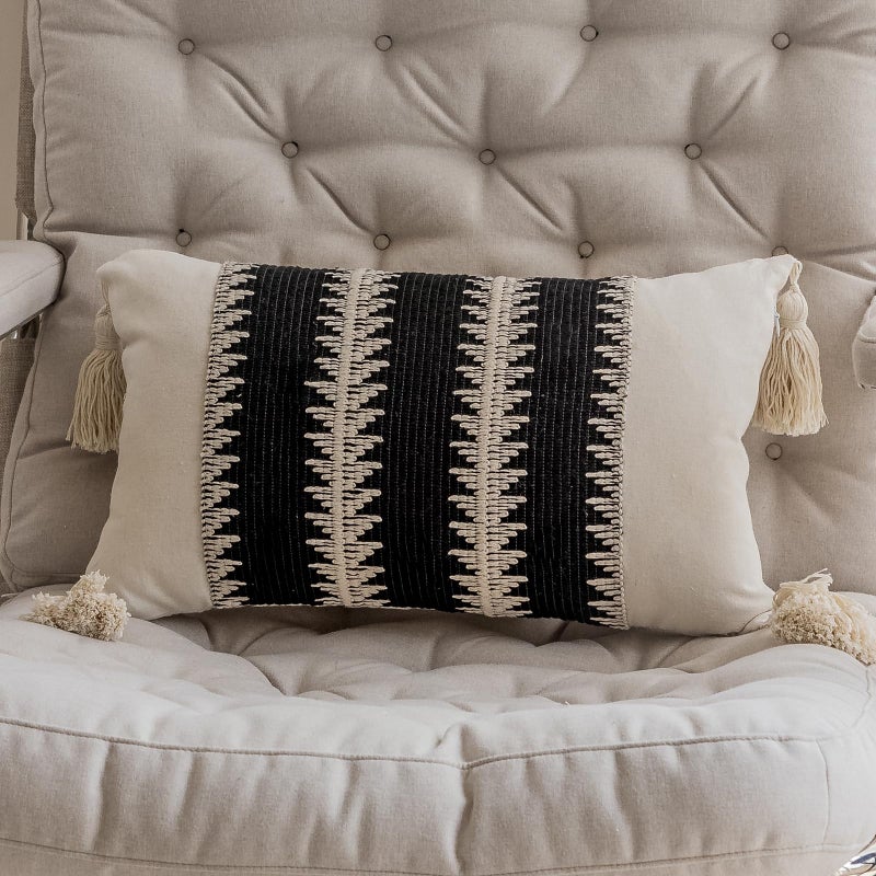 vctops Boho Cotton Linen Decorative Throw Pillow Covers with Tassels 16x24 Inch Soft Farmhouse Neutral Stripe Pillow Covers Accent Macrame Woven Black Cushion Case for Couch Sofa Car Tree A16x24