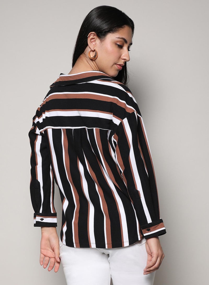 Campus Sutra Women's Midnight Black & Mocha Brown Striped Boxy Shirt - Image 5