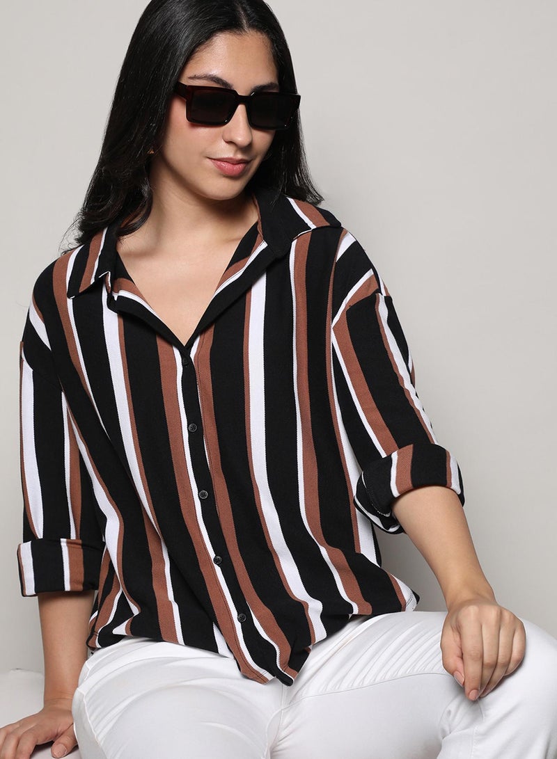 Campus Sutra Women's Midnight Black & Mocha Brown Striped Boxy Shirt - Image 2