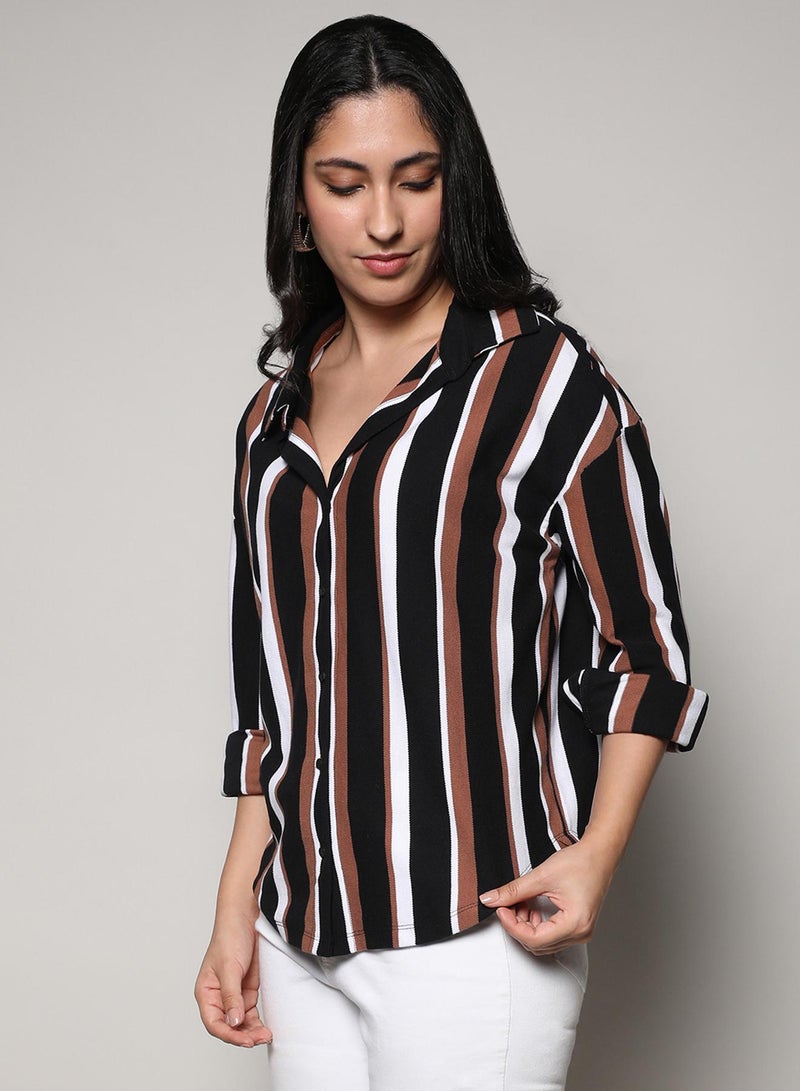 Campus Sutra Women's Midnight Black & Mocha Brown Striped Boxy Shirt - Image 3