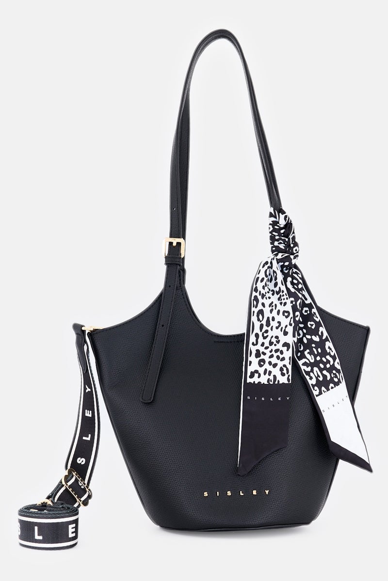 SISLEY حقيبة كتف جلدية للنساء بشعار العلامة التجارية، سوداء - Image 1