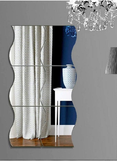 Wavy Mirror Wall Sticker, 6 Pieces Removable Acrylic Mirror Wall Decal for Living Room Bedroom Sofa TV Background Wall Home Decoration, Silver, 19 x 16.5cm Each