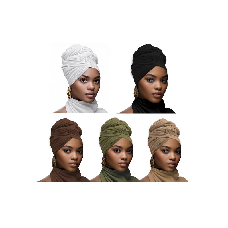 ARKBAODAN 5PS Stretch African Head Wraps for Five-color set Women - Long Jersey Turban Headwraps, Head Scarf, Headbands (Black, White, Gamel, Army Green, Coffee) - Image 1