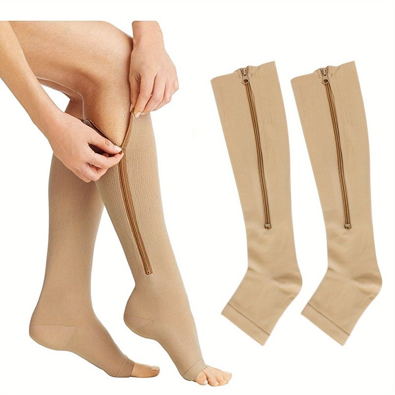 Unisex Breathable Compression Sleeves 2 Pack Light Beige with Side Zipper - Image 2