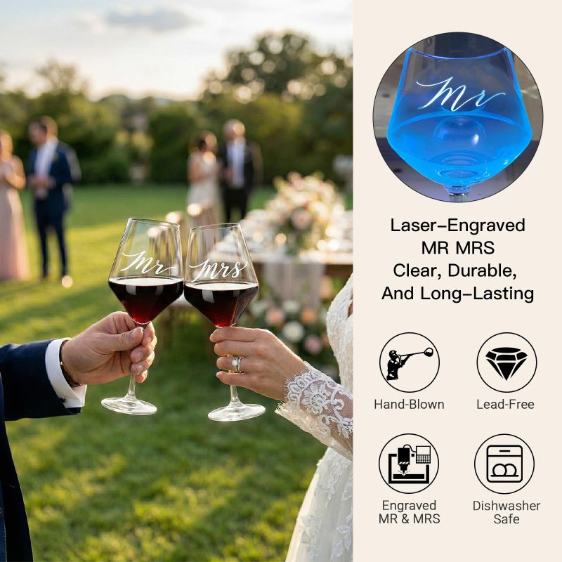 SIPBYSOP Wedding/Anniversary/Engagement/Bridal Shower and Bachelorette Gifts for Couples,Bride & Newlywed, Engraved Mr and Mrs  Glasses with Wooden Memory Box - Image 2