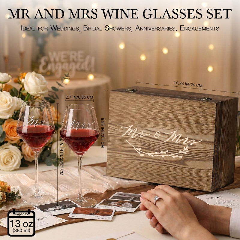 SIPBYSOP Wedding/Anniversary/Engagement/Bridal Shower and Bachelorette Gifts for Couples,Bride & Newlywed, Engraved Mr and Mrs  Glasses with Wooden Memory Box - Image 5
