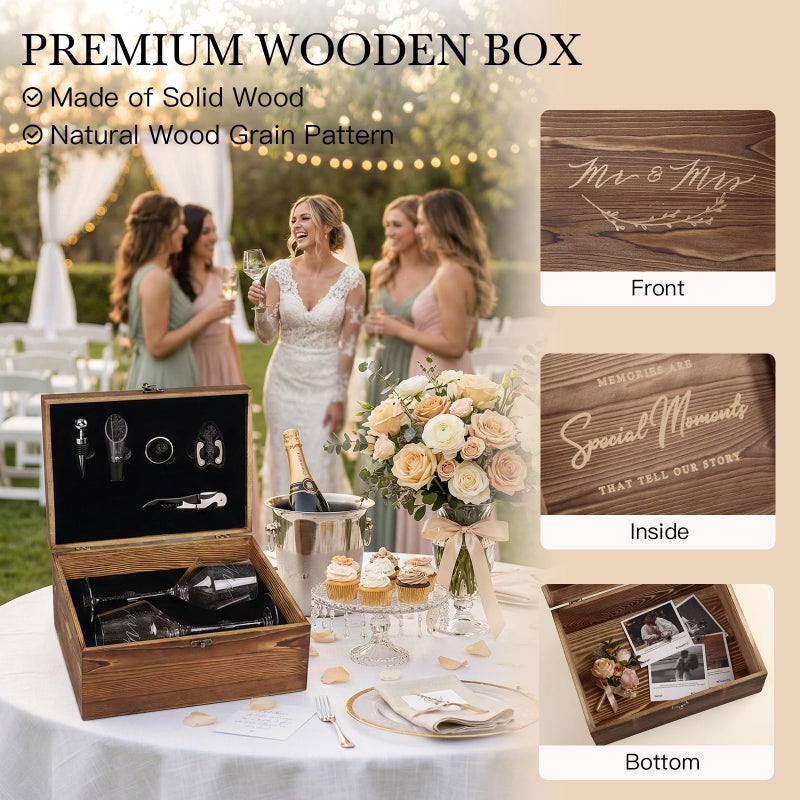 SIPBYSOP Wedding/Anniversary/Engagement/Bridal Shower and Bachelorette Gifts for Couples,Bride & Newlywed, Engraved Mr and Mrs  Glasses with Wooden Memory Box - Image 4