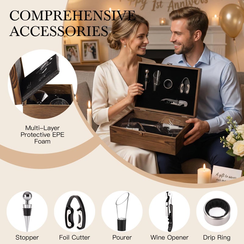 SIPBYSOP Wedding/Anniversary/Engagement/Bridal Shower and Bachelorette Gifts for Couples,Bride & Newlywed, Engraved Mr and Mrs  Glasses with Wooden Memory Box - Image 3