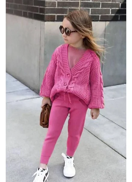 Miniğimin Cicileri My Little One's Cici Chain Pattern Knitted Cardigan Girl's 2 Piece Set - Fuchsia