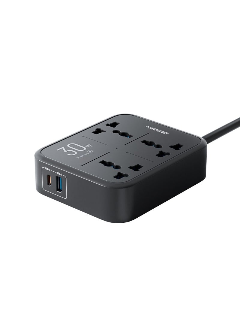 باورولوجي - شريط طاقة بقوة 3250 واط مع 3 منافذ تيار متردد، ومنافذ USB-A وPD 30 واط USB-C / شحن متزامن / حماية مدمجة / مادة مقاومة للحريق / حماية مدمجة بفيوز 13 أمبير - أسود - Image 1