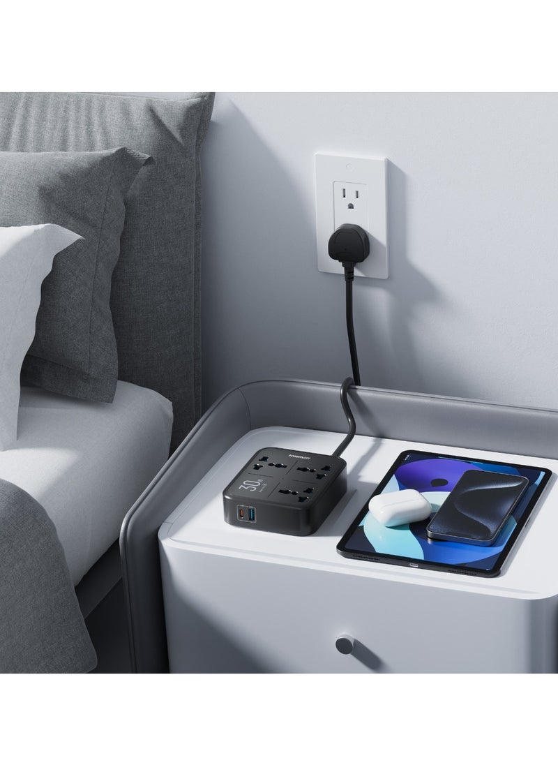 باورولوجي - شريط طاقة بقوة 3250 واط مع 3 منافذ تيار متردد، ومنافذ USB-A وPD 30 واط USB-C / شحن متزامن / حماية مدمجة / مادة مقاومة للحريق / حماية مدمجة بفيوز 13 أمبير - أسود - Image 1