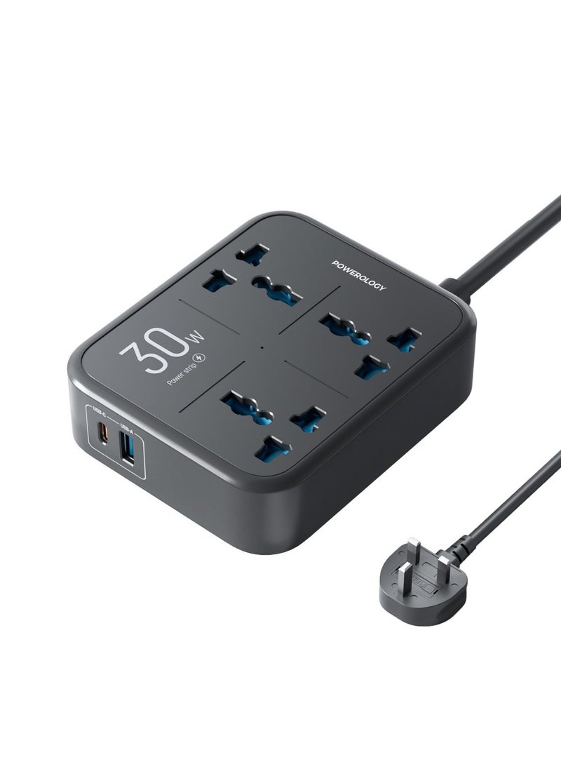 باورولوجي - شريط طاقة بقوة 3250 واط مع 3 منافذ تيار متردد، ومنافذ USB-A وPD 30 واط USB-C / شحن متزامن / حماية مدمجة / مادة مقاومة للحريق / حماية مدمجة بفيوز 13 أمبير - أسود - Image 1