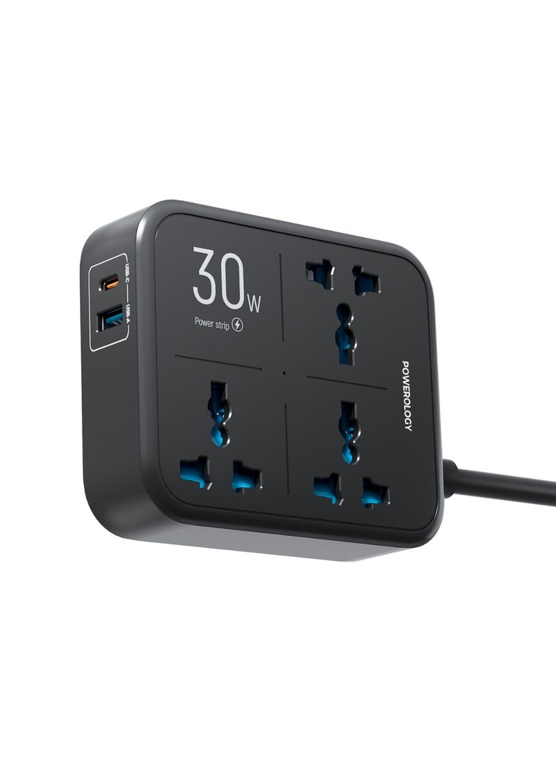 باورولوجي - شريط طاقة بقوة 3250 واط مع 3 منافذ تيار متردد، ومنافذ USB-A وPD 30 واط USB-C / شحن متزامن / حماية مدمجة / مادة مقاومة للحريق / حماية مدمجة بفيوز 13 أمبير - أسود - Image 1