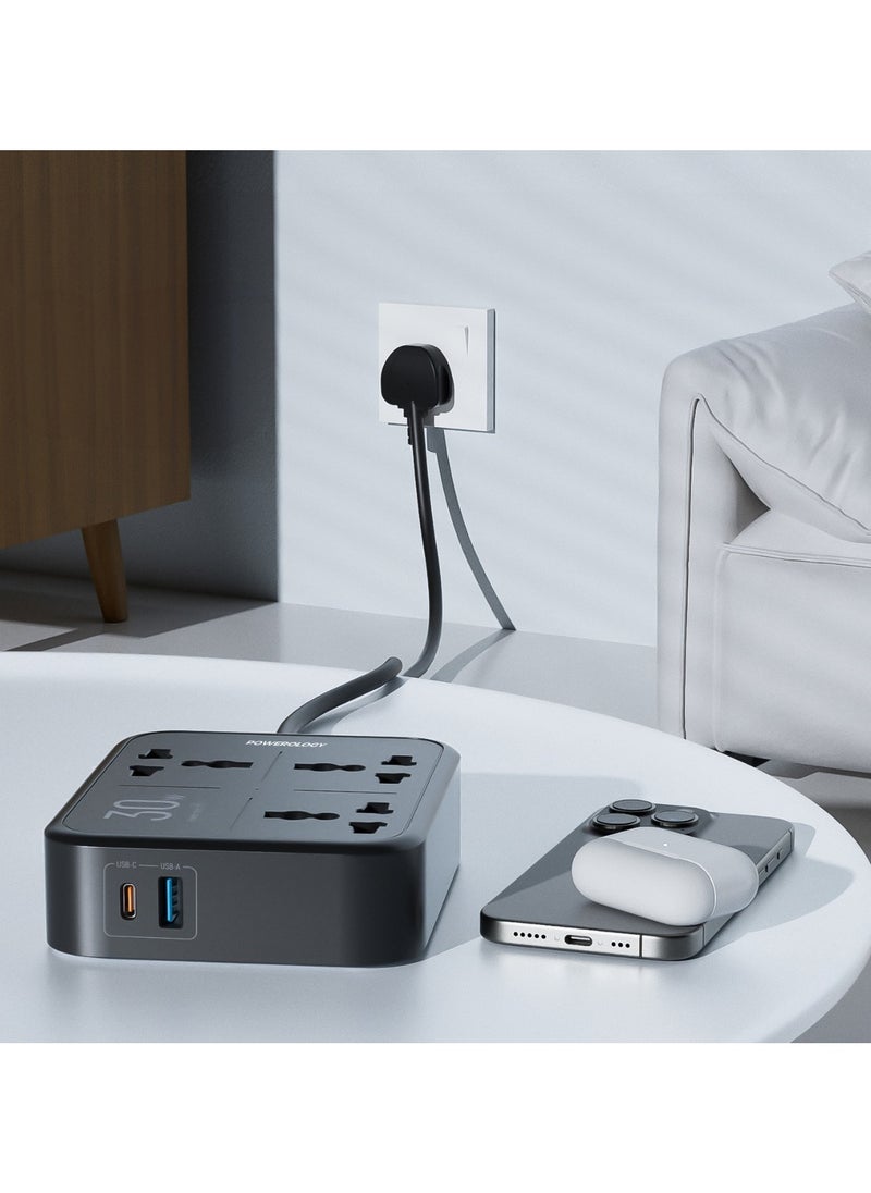 باورولوجي - شريط طاقة بقوة 3250 واط مع 3 منافذ تيار متردد، ومنافذ USB-A وPD 30 واط USB-C / شحن متزامن / حماية مدمجة / مادة مقاومة للحريق / حماية مدمجة بفيوز 13 أمبير - أسود - Image 1