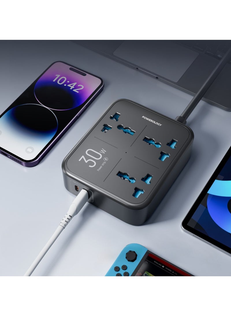 باورولوجي - شريط طاقة بقوة 3250 واط مع 3 منافذ تيار متردد، ومنافذ USB-A وPD 30 واط USB-C / شحن متزامن / حماية مدمجة / مادة مقاومة للحريق / حماية مدمجة بفيوز 13 أمبير - أسود - Image 1