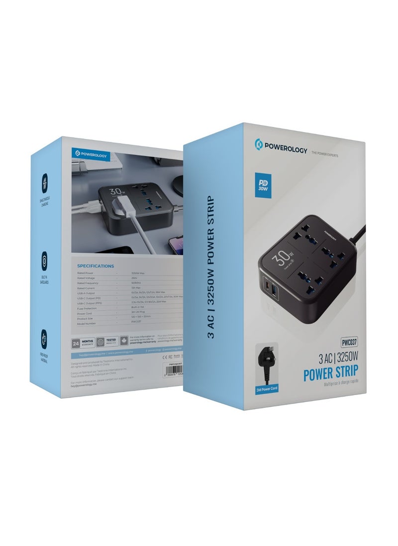 باورولوجي - شريط طاقة بقوة 3250 واط مع 3 منافذ تيار متردد، ومنافذ USB-A وPD 30 واط USB-C / شحن متزامن / حماية مدمجة / مادة مقاومة للحريق / حماية مدمجة بفيوز 13 أمبير - أسود - Image 1