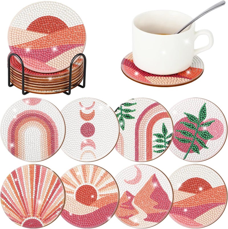 Vesici 8 Pcs Diamond Coasters Boho Diamond Painting Coasters with Holder DIY Inspirational Coasters Rustic Absorbent Coasters for Drinks 4 Inch Diamond Painting Kit Outdoor Coasters (Boho) - Image 1