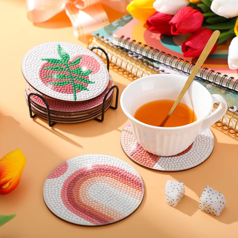 Vesici 8 Pcs Diamond Coasters Boho Diamond Painting Coasters with Holder DIY Inspirational Coasters Rustic Absorbent Coasters for Drinks 4 Inch Diamond Painting Kit Outdoor Coasters (Boho) - Image 4