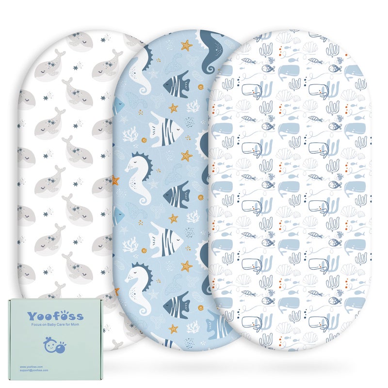 Yoofoss Bassinet Sheets for Baby,3-Pack Fitted Bassinet Sheets Set Compatible with Halo Bassinest Swivel Sleeper,Baby Delight,Angelbliss,Soft Breathable Bassinet Mattress Sheets (Blue+Seahorse) - Image 1