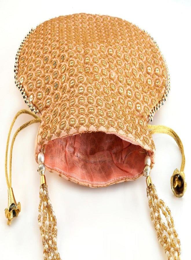 SUMERA WARQ Potli Bag Golden work wedding potli for ladies Gift for women handbags traditional Indian Wristlet with Drawstring Ethnic Embroidery Fashion Potli. (Light Pink Potalis) - Image 2