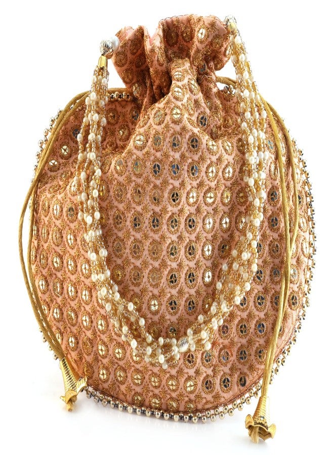 SUMERA WARQ Potli Bag Golden work wedding potli for ladies Gift for women handbags traditional Indian Wristlet with Drawstring Ethnic Embroidery Fashion Potli. (Light Pink Potalis) - Image 1
