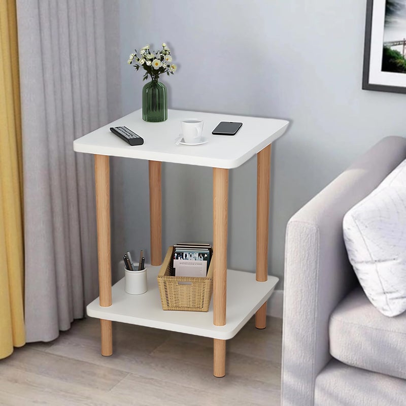 Fohome Sofa Side Table, Nightstand Coffee End Table with Storage Shelf for Living Room, Bedroom,Small Spaces,Easy Assembly 2 tier Modern Home Decor Bedside Table with Wood Legs(White) - Image 1