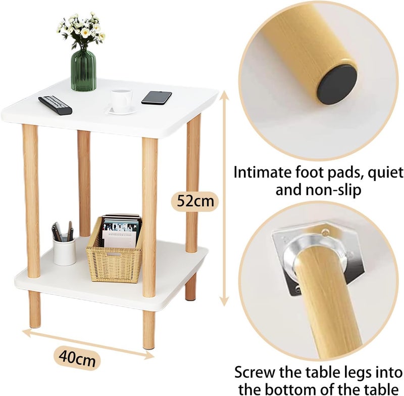 Fohome Sofa Side Table, Nightstand Coffee End Table with Storage Shelf for Living Room, Bedroom,Small Spaces,Easy Assembly 2 tier Modern Home Decor Bedside Table with Wood Legs(White) - Image 4