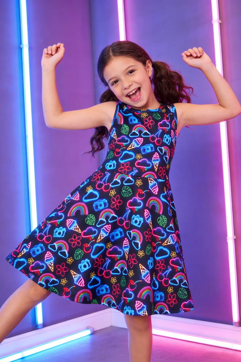 Funnycokid Neon Dress Girls Size 7 8 Kids Summer Sleeveless Sundress Birthday Party Clothes Twirly Outfit 7-8 Years Beach Black - Image 5