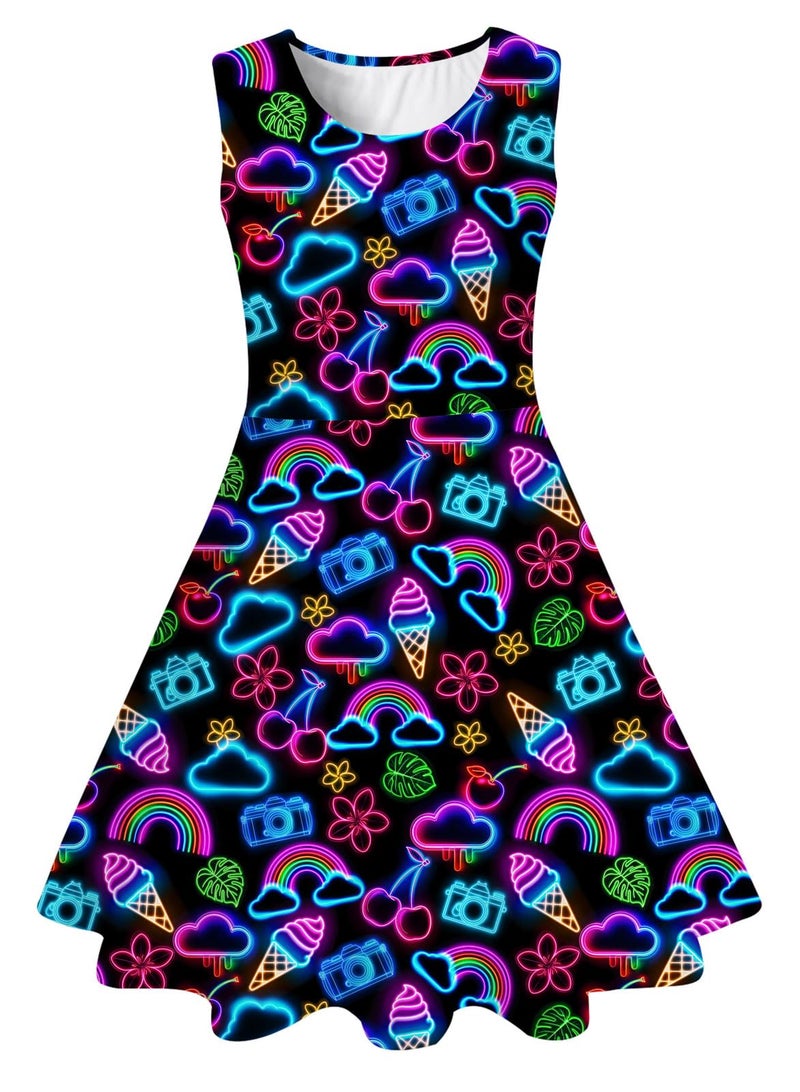 Funnycokid Neon Dress Girls Size 7 8 Kids Summer Sleeveless Sundress Birthday Party Clothes Twirly Outfit 7-8 Years Beach Black - Image 1