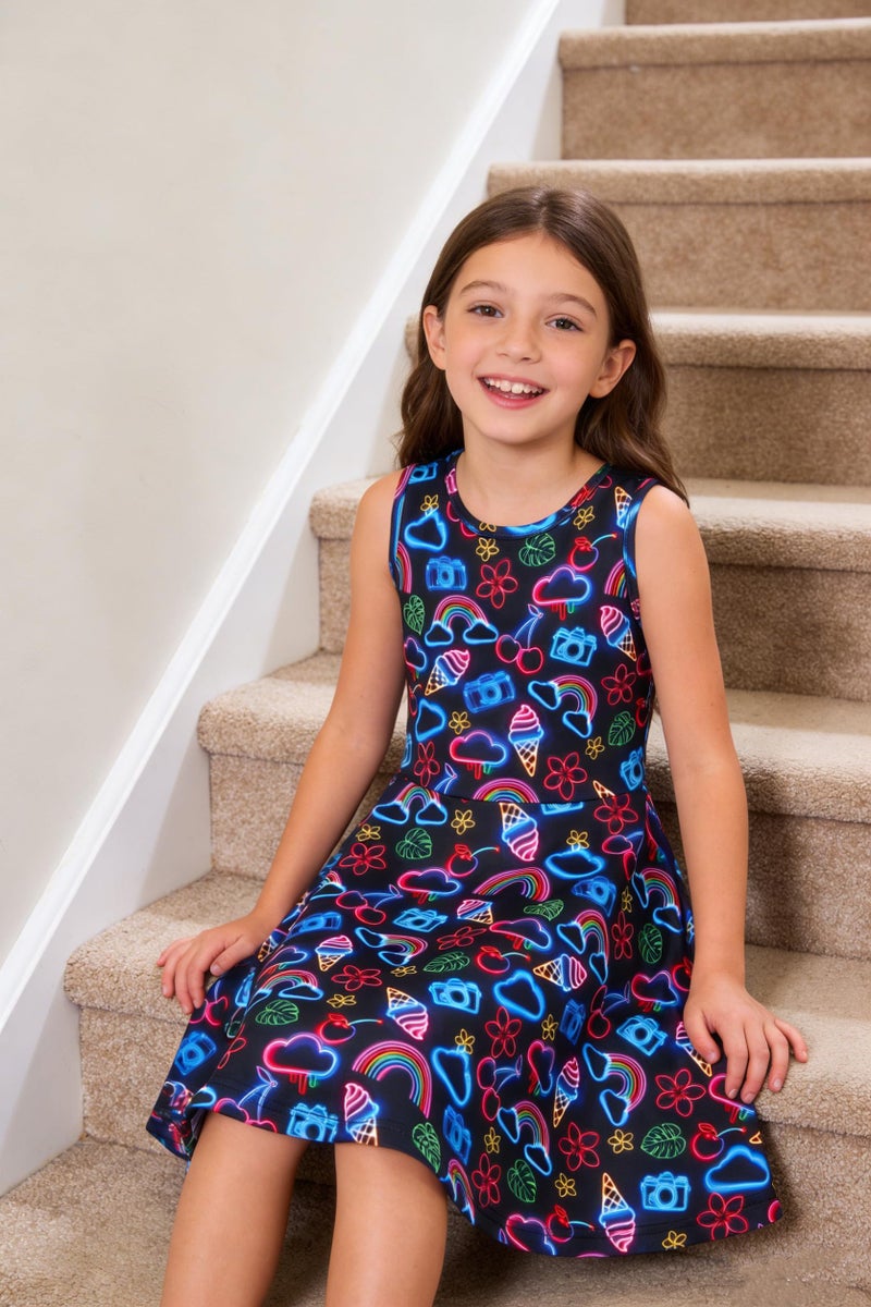 Funnycokid Neon Dress Girls Size 7 8 Kids Summer Sleeveless Sundress Birthday Party Clothes Twirly Outfit 7-8 Years Beach Black - Image 2