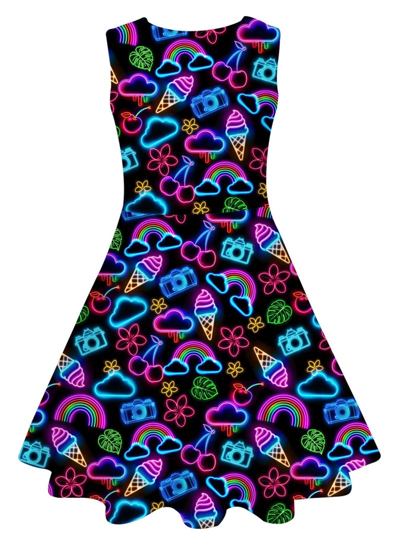 Funnycokid Neon Dress Girls Size 7 8 Kids Summer Sleeveless Sundress Birthday Party Clothes Twirly Outfit 7-8 Years Beach Black - Image 4