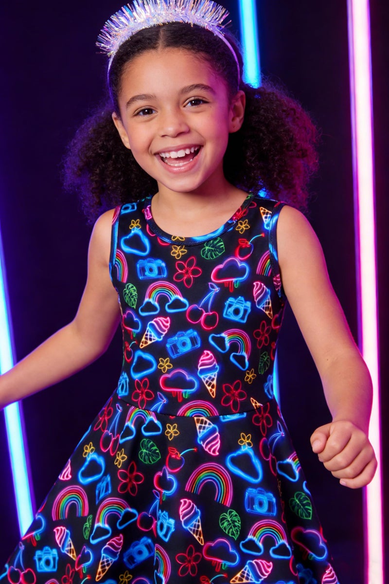 Funnycokid Neon Dress Girls Size 7 8 Kids Summer Sleeveless Sundress Birthday Party Clothes Twirly Outfit 7-8 Years Beach Black - Image 3