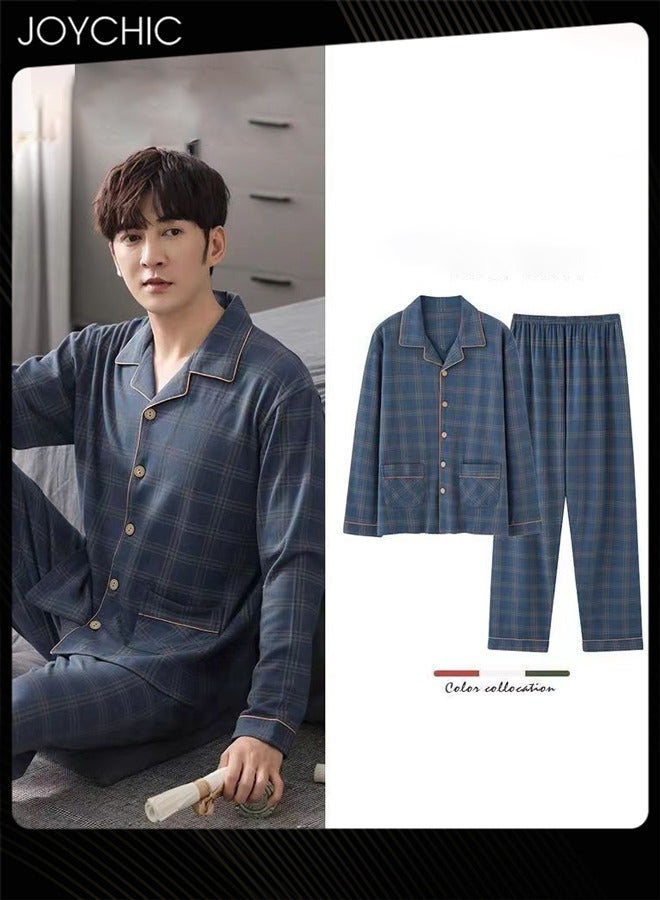 Joychic بدلة نوم رجالية من قطعتين بلون صلب مع ياقة، بيجاما ربيعية وخريفية وشتوية من قطن نقي، بأكمام طويلة وتهوية، مع جيوب، زرقاء - Image 1