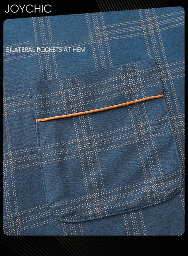 Joychic بدلة نوم رجالية من قطعتين بلون صلب مع ياقة، بيجاما ربيعية وخريفية وشتوية من قطن نقي، بأكمام طويلة وتهوية، مع جيوب، زرقاء - Image 2