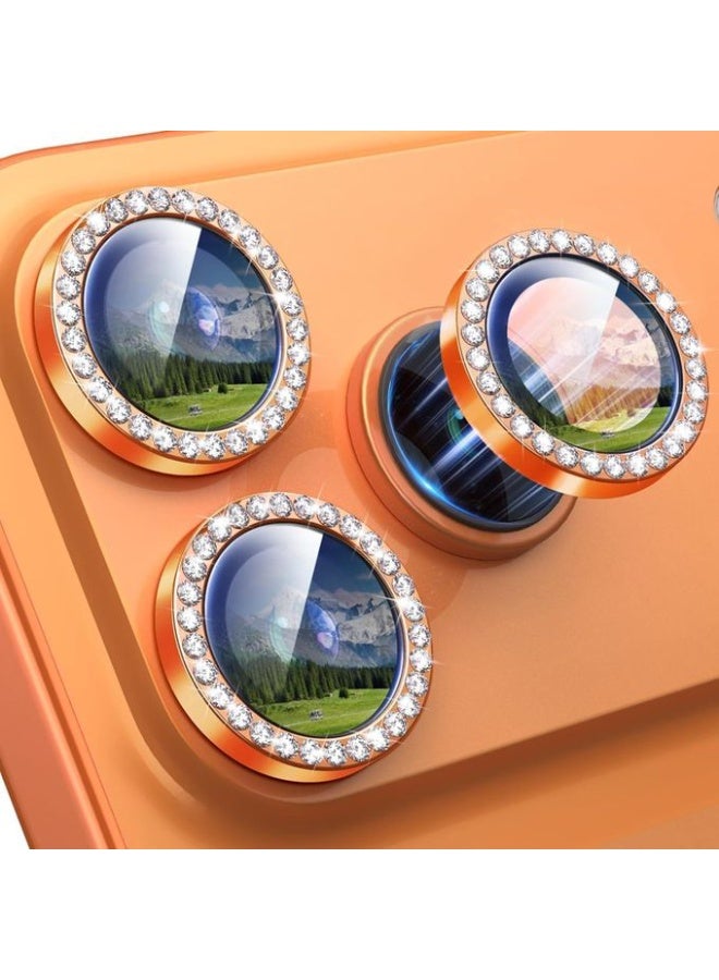 Camera Lens Protector for iPhone 17 Pro / 17 Pro Max (Orange) – Diamond Ring Metal Lens Cover with Crystal Border.
