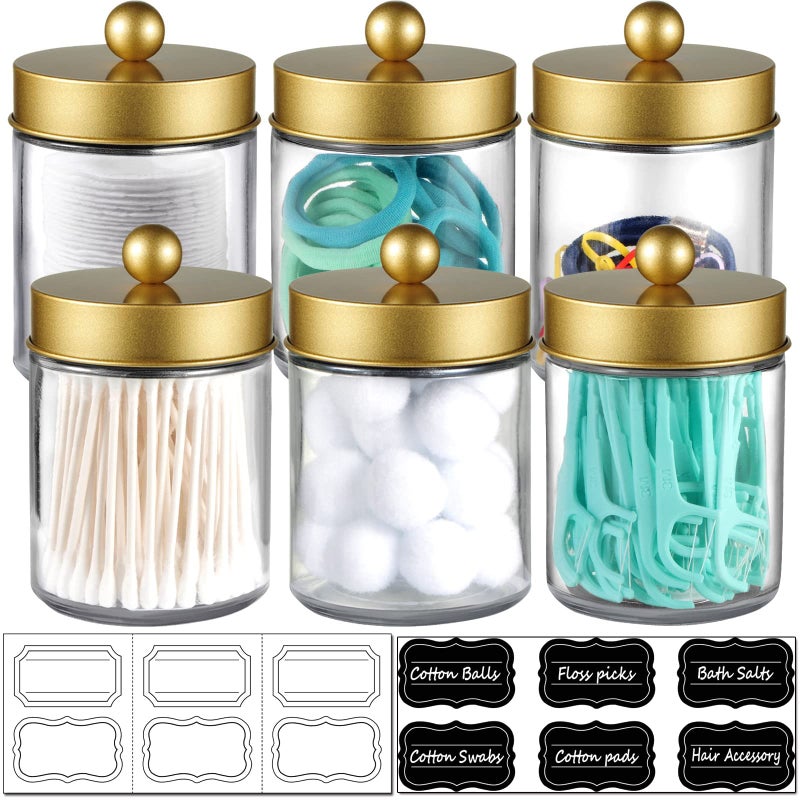 Amolliar Amolliar 6Pc Apothecary Jars Bathroom Vanity Organizer Rustic Farmhouse Decor Storage Canister with Stainless Steel Lids Qtip Dispenser Holder for QTipsCotton SwabsRoundsBallFlossers Gold 
