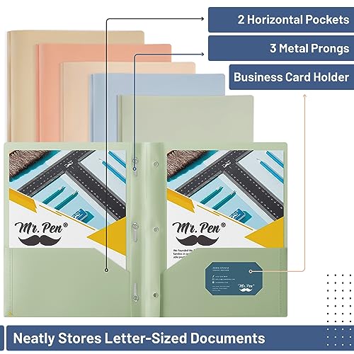 Mr. Pen- Plastic Folders with Pockets and Prong, 5 Pack, Vintage Colors, Pocket Folders, Folders with Prongs, File Folders with Fasteners, 2 Pocket Folder, Folder with Pocket - Image 3