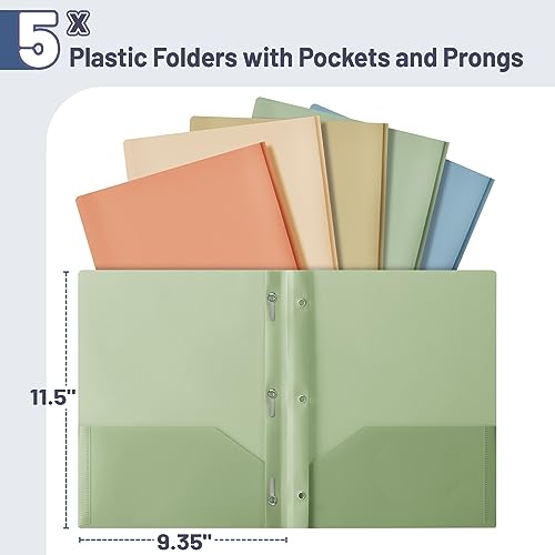 Mr. Pen- Plastic Folders with Pockets and Prong, 5 Pack, Vintage Colors, Pocket Folders, Folders with Prongs, File Folders with Fasteners, 2 Pocket Folder, Folder with Pocket - Image 2
