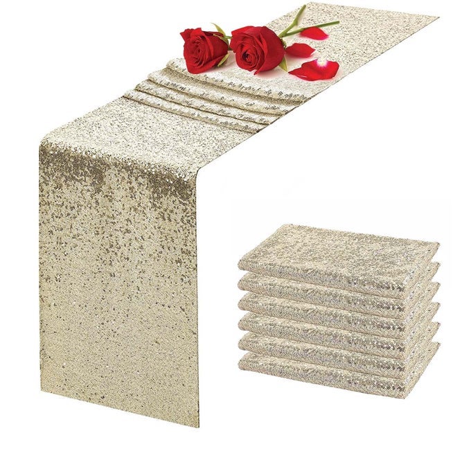 CHAMPAGNE SEQUIN TABLE RUNNER 12 X 108 PACK OF 6 GLITTER TABLE RUNNER METALLIC SPARKLE TABLE LINEN RUNNER FOR BABY SHOWER WEDDING BIRTHDAY PARTY EVENT
