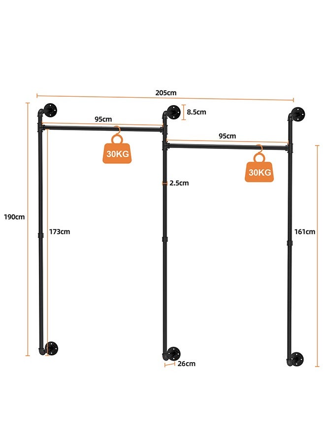 Generic - Industrial Wall Clothes Rack Large Cloth Hanging Rail Stand Pipe Clothing Drying Rack Heavy Duty Dress Storage Shelf for Laundry Room Home Store 205x190x13 cm - Image 1