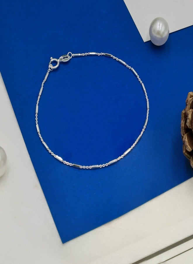 SEA OF ICE Sterling Silver 1mm Diamond-Cut Bar Station Rolo Chain Bracelet For Women, Size 7.25" Italy - Image 5