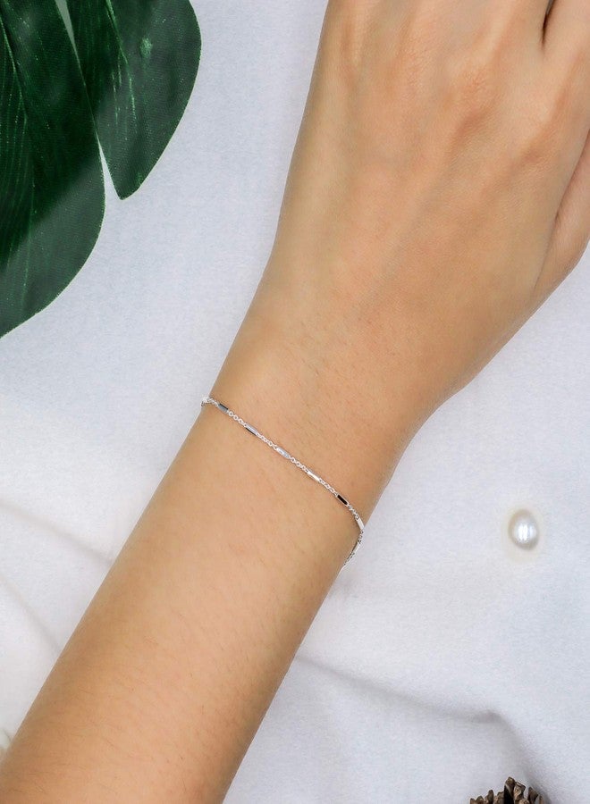 SEA OF ICE Sterling Silver 1mm Diamond-Cut Bar Station Rolo Chain Bracelet For Women, Size 7.25" Italy - Image 4